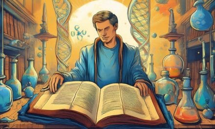 Un homme studieux étudie la Bible dans un laboratoire rempli d'expériences. Derrière lui des fragments d'ADN.