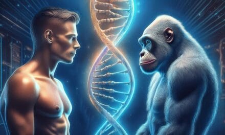 Un homme fait face à un grand singe et sont séparés par fragment d'ADN