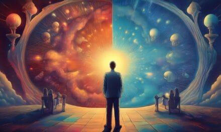 Un homme de dos fait face à une structure mystérieuse qui peut ressembler à un cerveau géant et à l'infini de l'espace