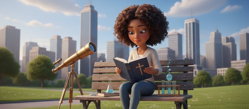 Une femme africaine lit une Bible dans un parc au milieu des Buildings. Elle est entouré par du matériel scientifique : télescope, éprouvettes, etc. pour montrer la compatibilité science et foi.