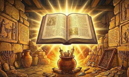 Une Bible eclairée par un halo lumineux sur un arrière plan montrant des fouilles