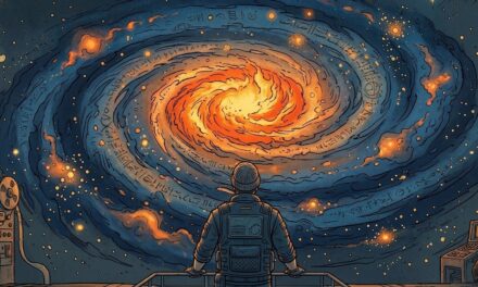 Style BD, un homme de dos contemple une galaxie