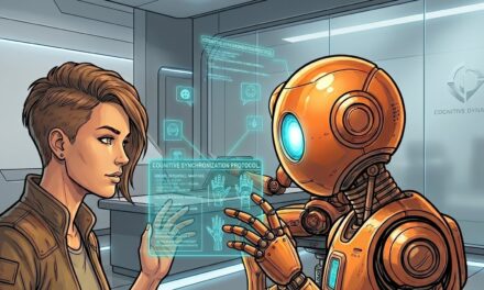 Un robot IA et une femme se font face et applique un protocole de synchronisation