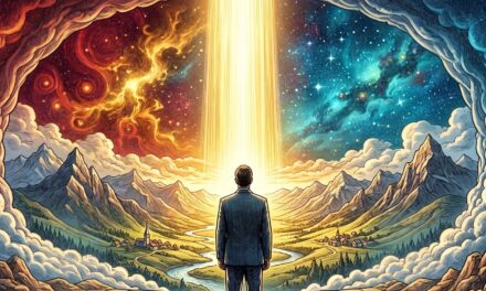 Un homme de dos admire la création baignée d'une lumière qui descend du ciel