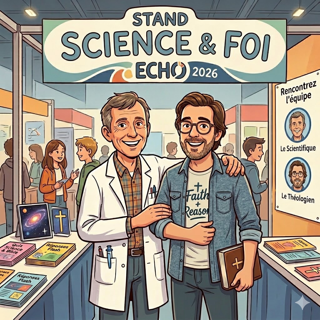 Un scientifique et un théologien souriants tiennent le stand Science et Foi